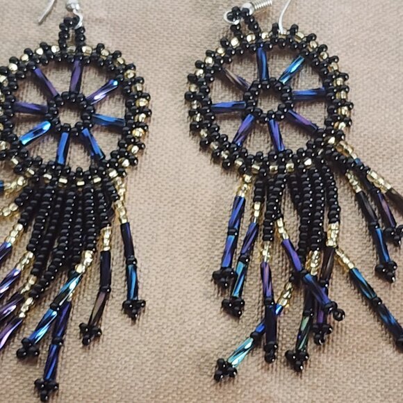 Handmade Beaded Chandelier Shepard's Hook Earrings Black Iridescent and Gold 4" - Picture 3 of 16